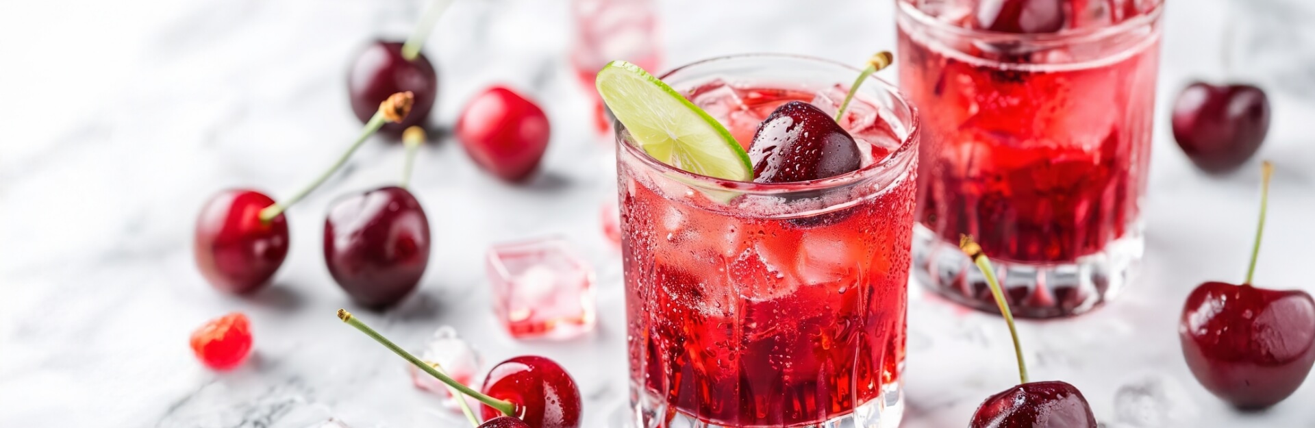 Two glasses of cherry mocktails with ice, garnished with cherries and lime, surrounded by fresh cherries on a marble surface.