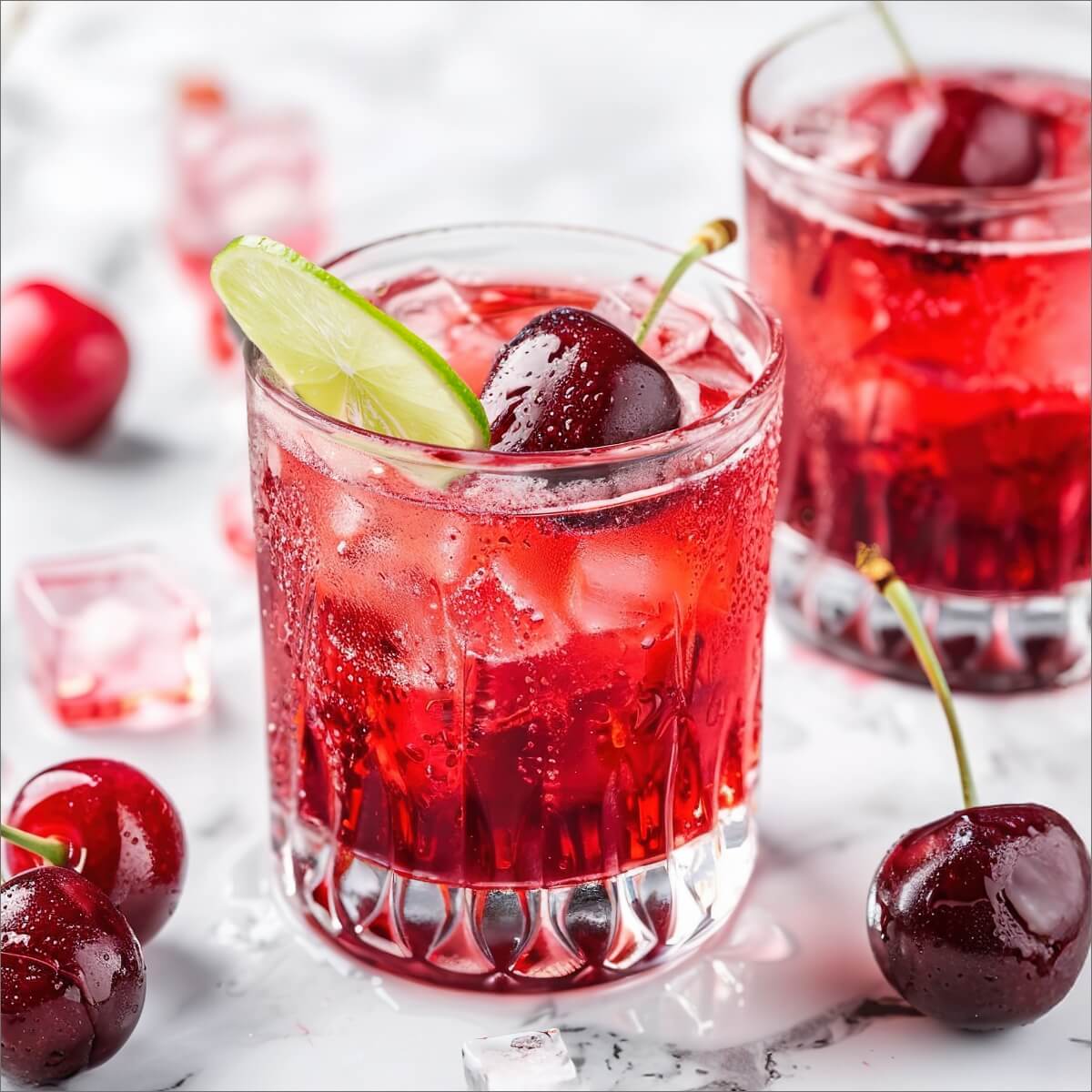 Two glasses of cherry mocktail with ice, garnished with lime and cherries, on a marble surface with fresh cherries nearby.