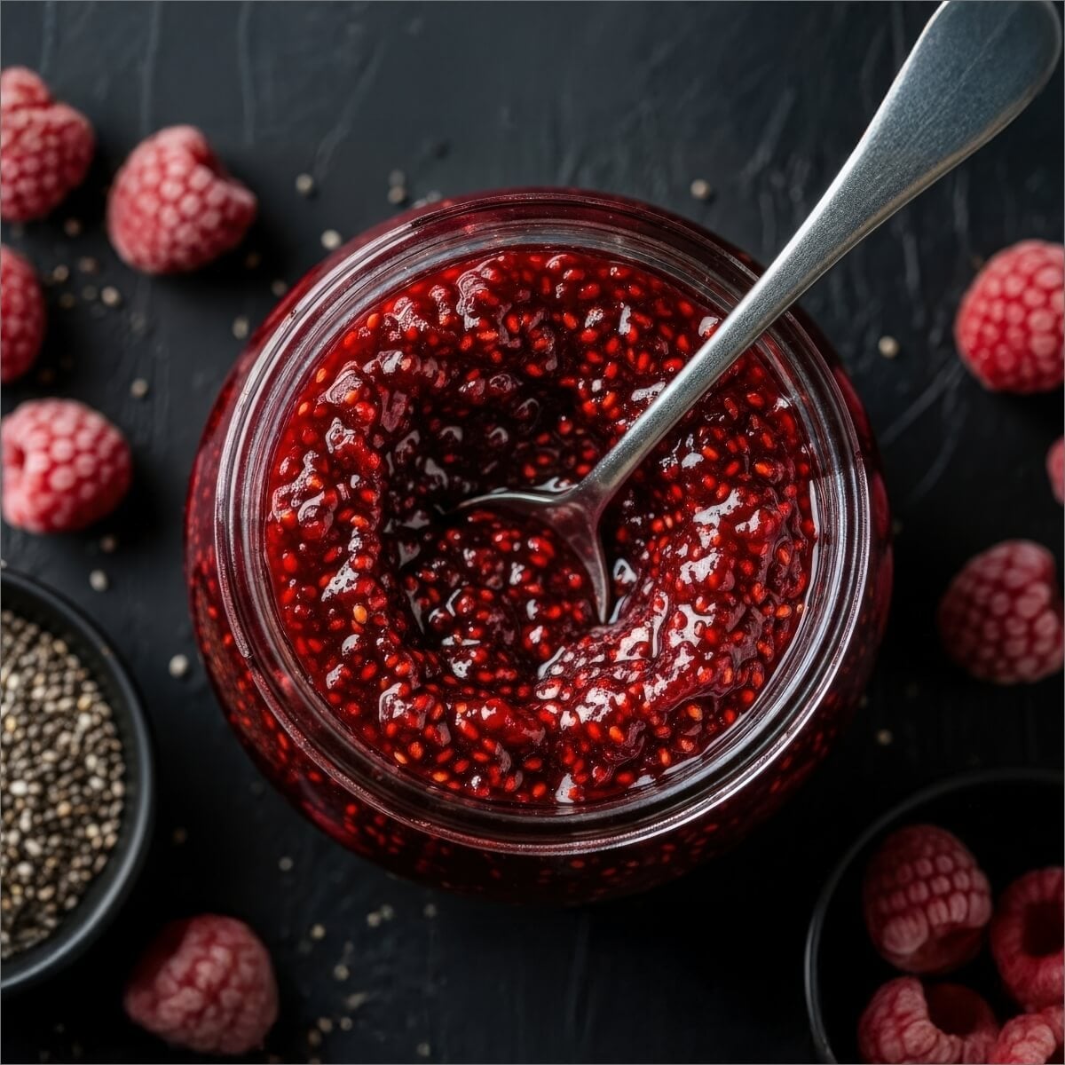 A jar of chia seed jam with a spoon, surrounded by fresh raspberries and a bowl of chia seeds.