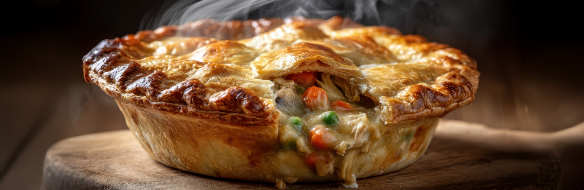 A freshly baked chicken pie with a golden, flaky crust and steam rising from the filling of chicken and vegetables.