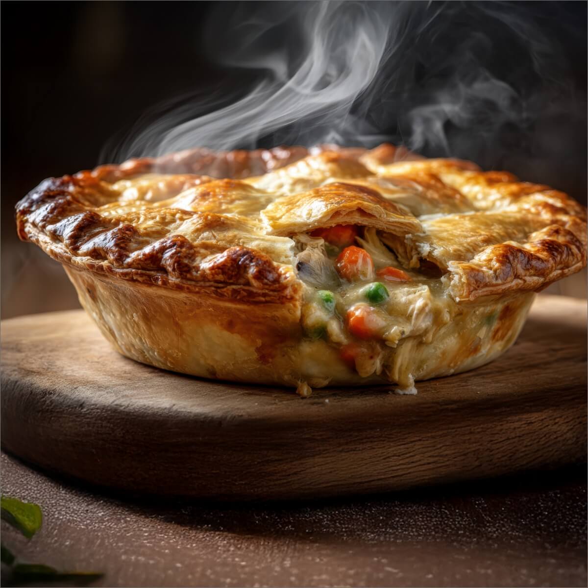 A golden-brown chicken pie with steam rising, partially opened to reveal chicken and vegetables inside, on a wooden board.