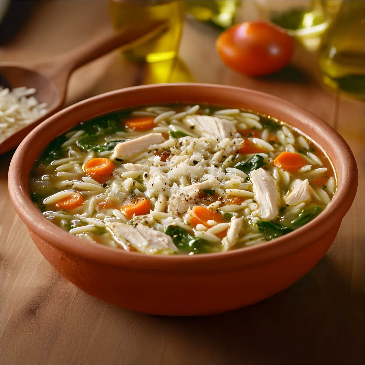 A bowl of minestrone soup with orzo, carrots, spinach, and shredded chicken, topped with grated cheese and black pepper.