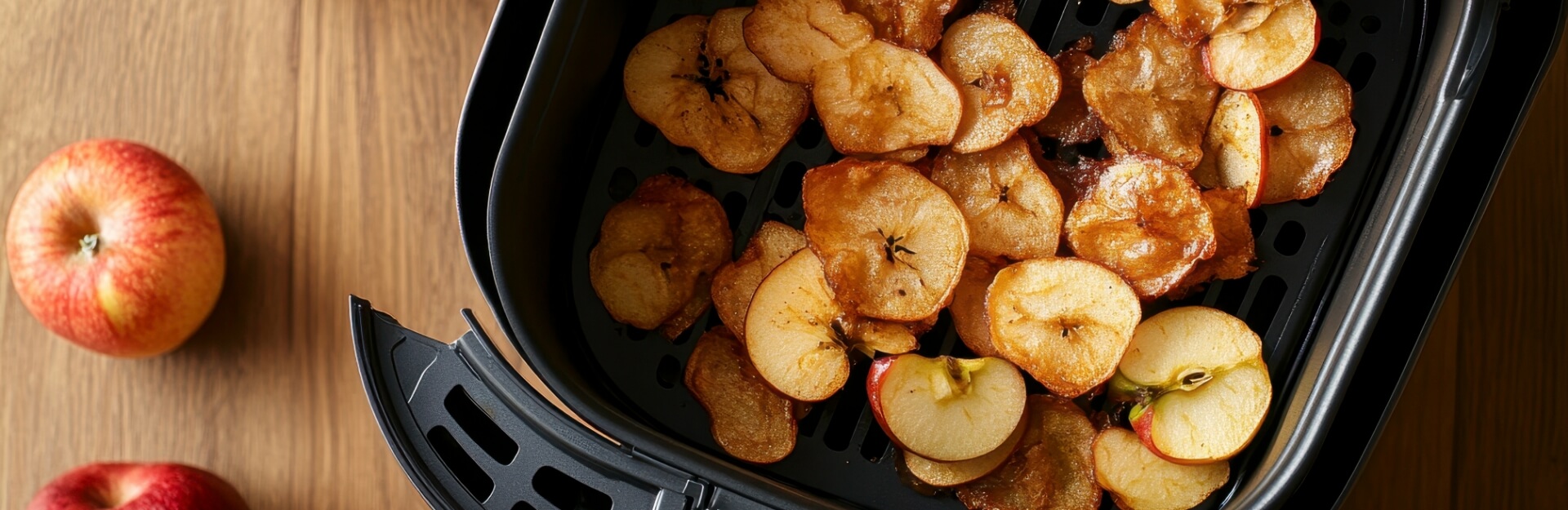 Dried apple slices in an air fryer basket with fresh apples on a wooden surface.