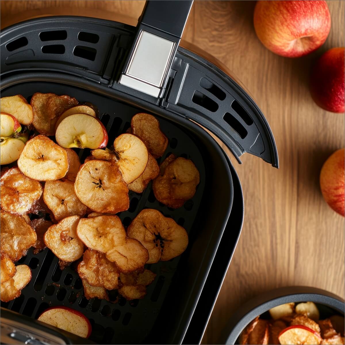 A close-up of crispy apple chips in an air fryer basket, with whole apples nearby on a wooden surface.