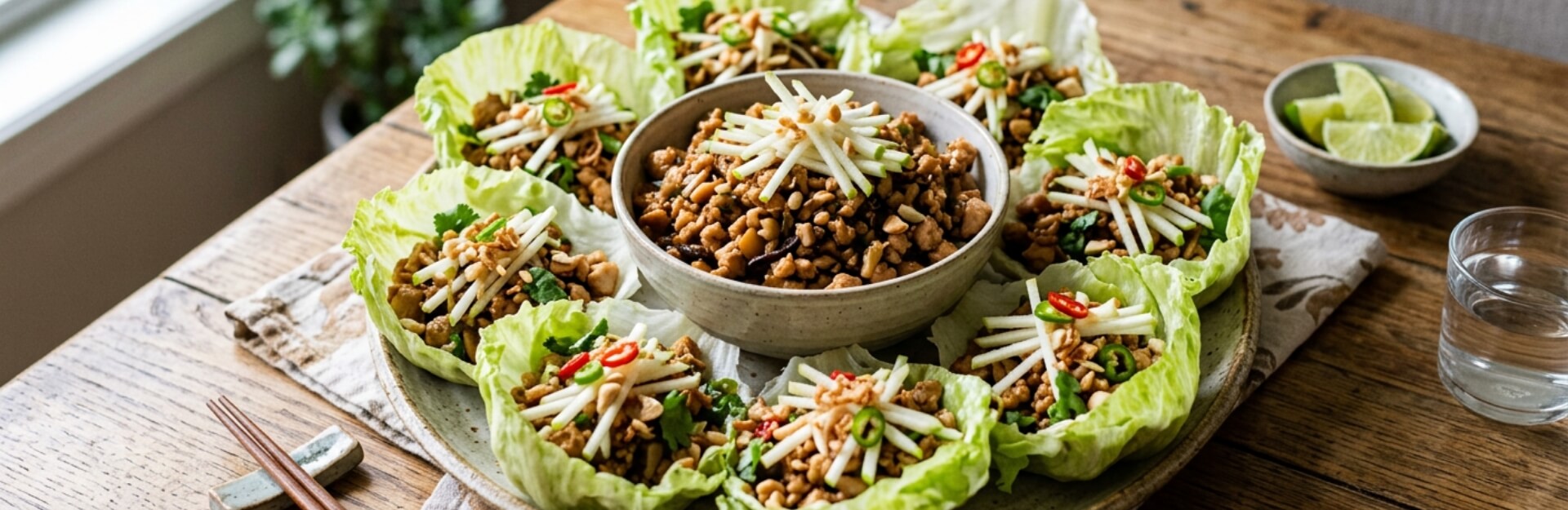 A platter of lettuce cups filled with chicken, apples, and peanuts, with a bowl of similar filling in the center.