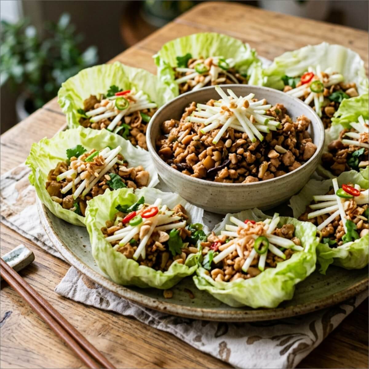 A platter of lettuce cups filled with chicken, peanuts, herbs, and sliced apples, with a bowl of filling in the center.