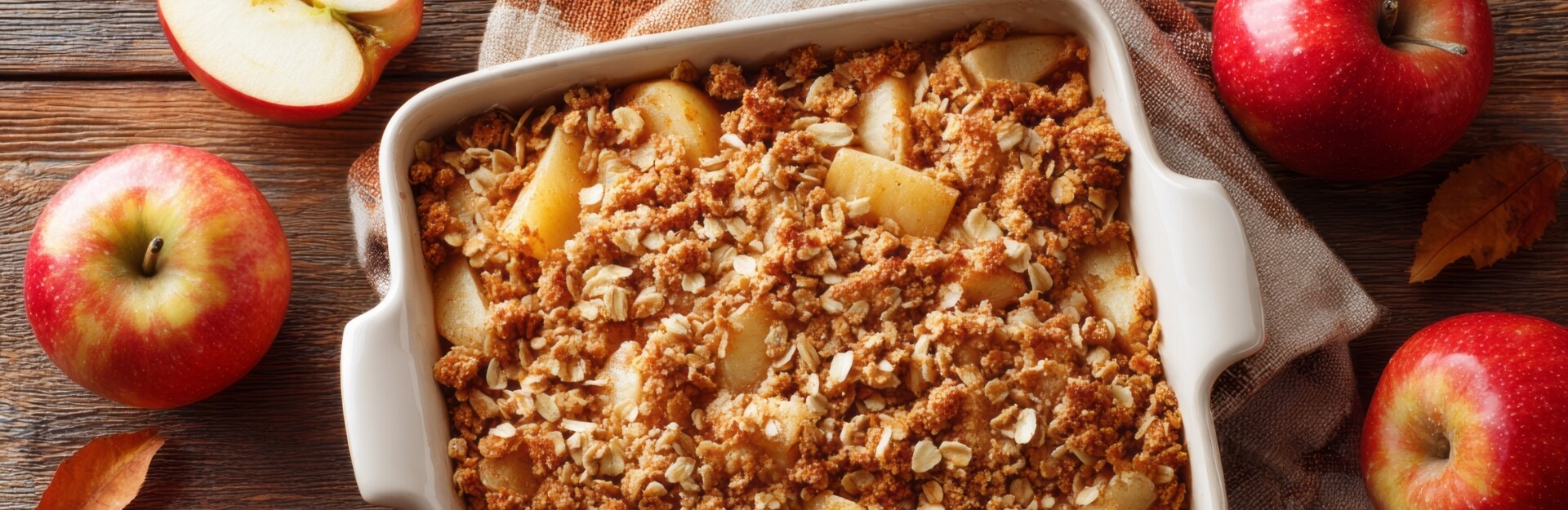 A baked apple crisp in a white dish, surrounded by fresh apples and autumn leaves on a wooden surface.