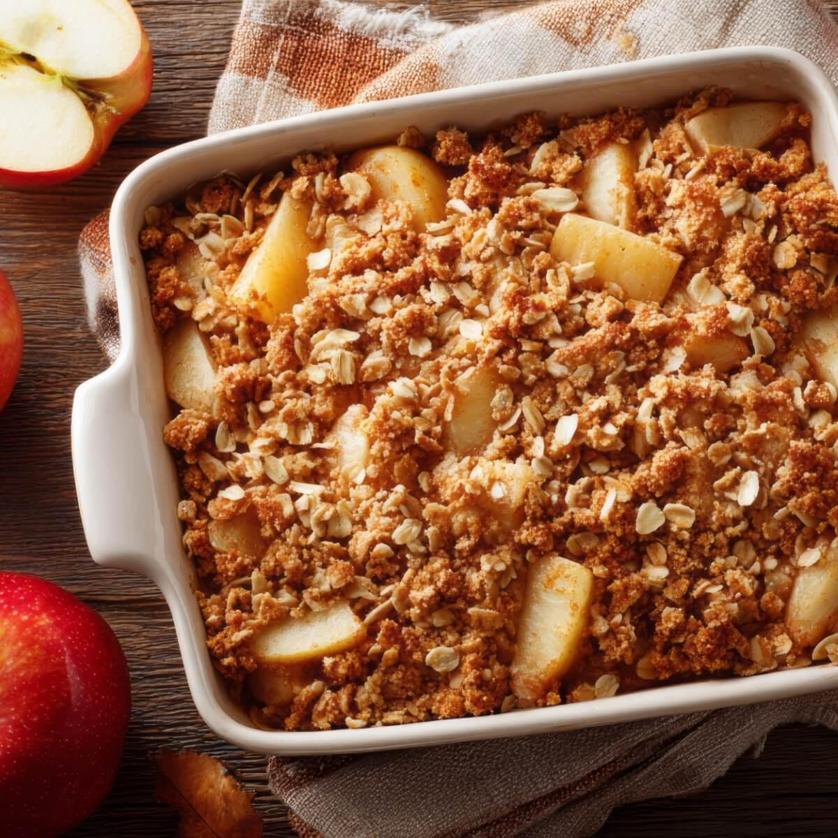 Baked apple oat slice in a white dish, topped with oats, surrounded by whole apples on a wooden surface.