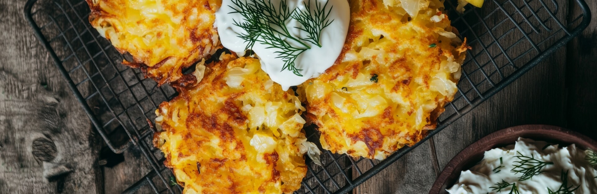 Golden brown potato fritters on a wire rack, topped with sour cream and garnished with fresh dill.