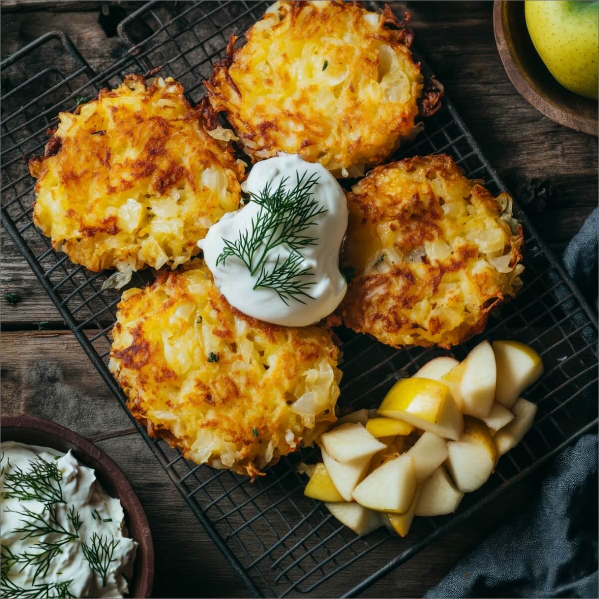 Four golden-brown fritters on a cooling rack, served with sour cream and apple slices on a wooden table.