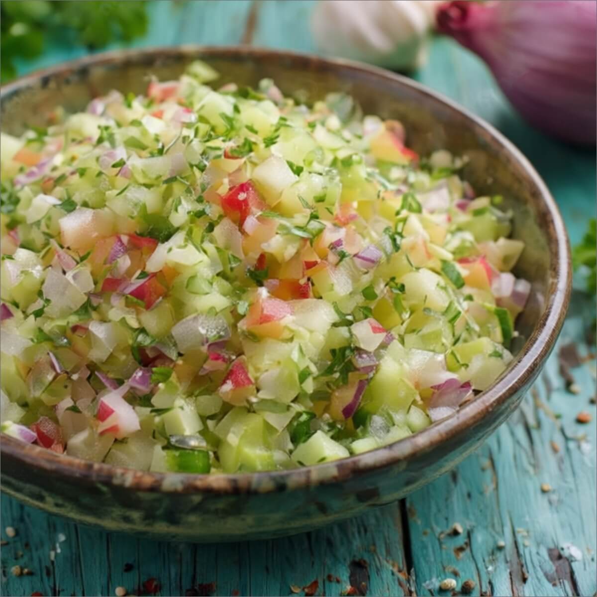 A bowl of chopped apple slaw with green and red apples, onions, and herbs on a rustic wooden surface.