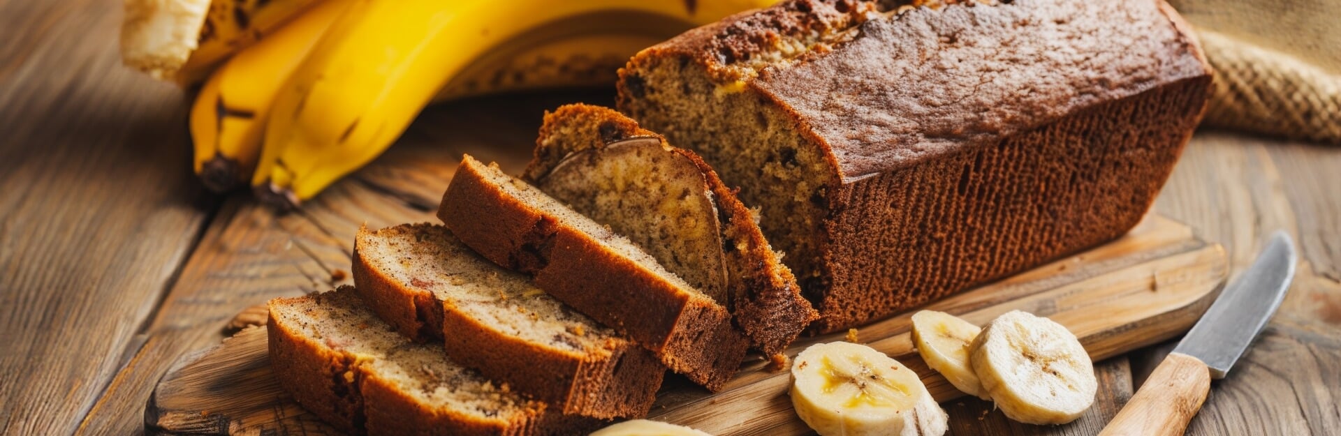 Sliced banana bread on a wooden cutting board with whole bananas and banana slices beside it.