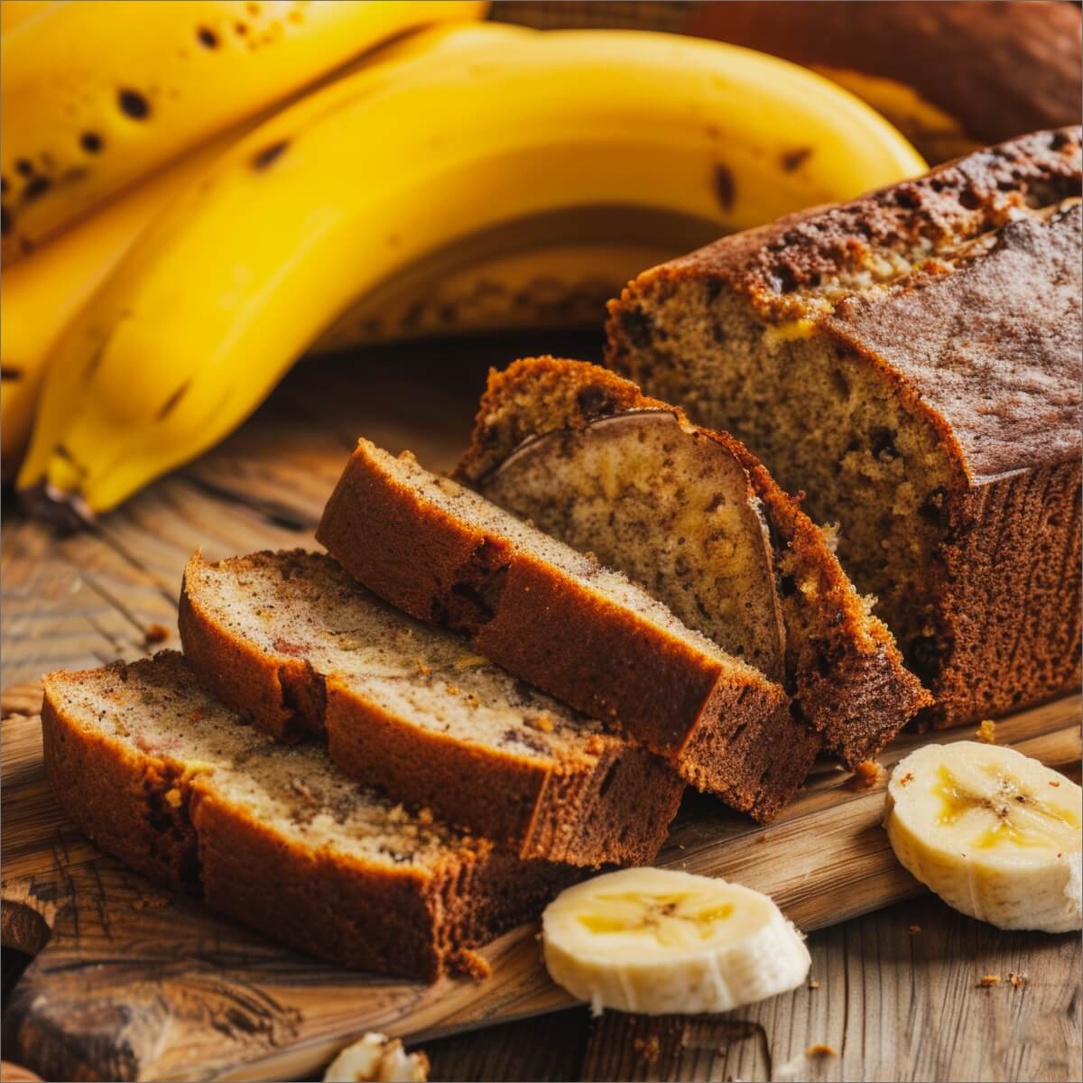 Sliced banana bread on a wooden board with whole bananas in the background and banana slices nearby.