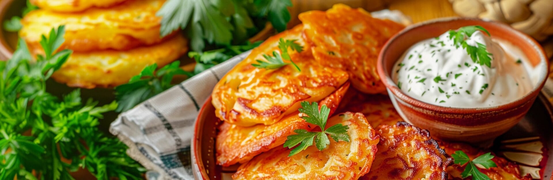 Golden fritters with green garnish, served with a bowl of creamy sauce topped with herbs.