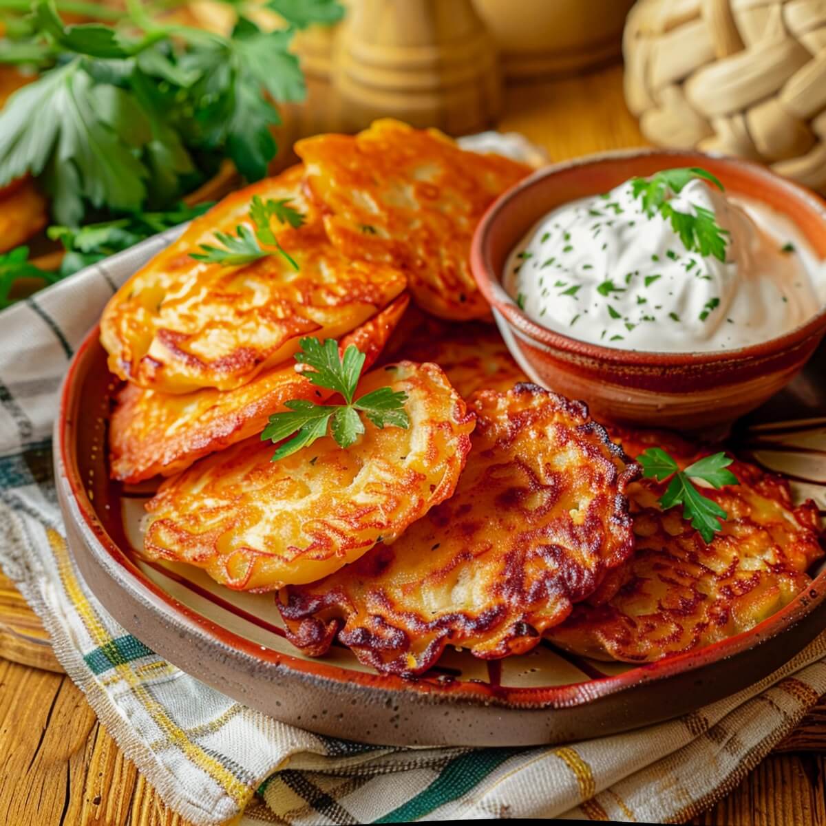 A plate of golden-brown fritters garnished with parsley, accompanied by a small bowl of creamy dipping sauce.