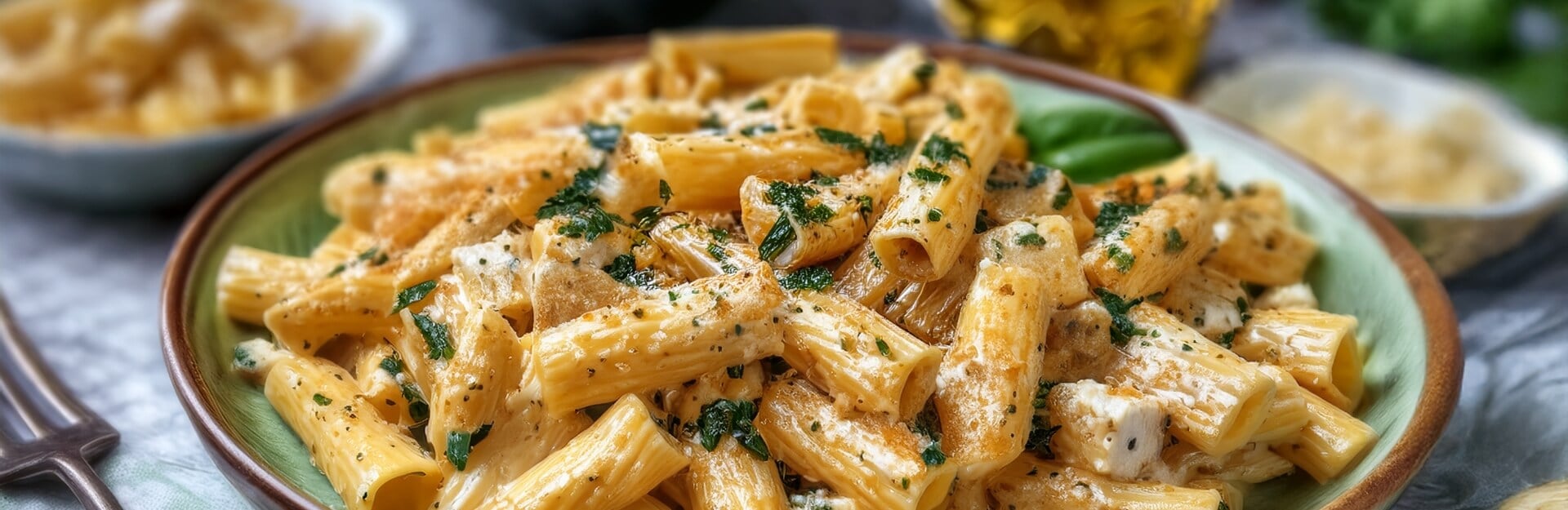 A bowl of creamy chicken rigatoni pasta garnished with herbs, served on a green plate with a fork beside it.