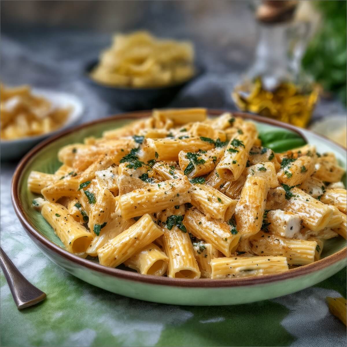 A bowl of creamy chicken rigatoni pasta garnished with parsley, with additional pasta and olive oil in the background.