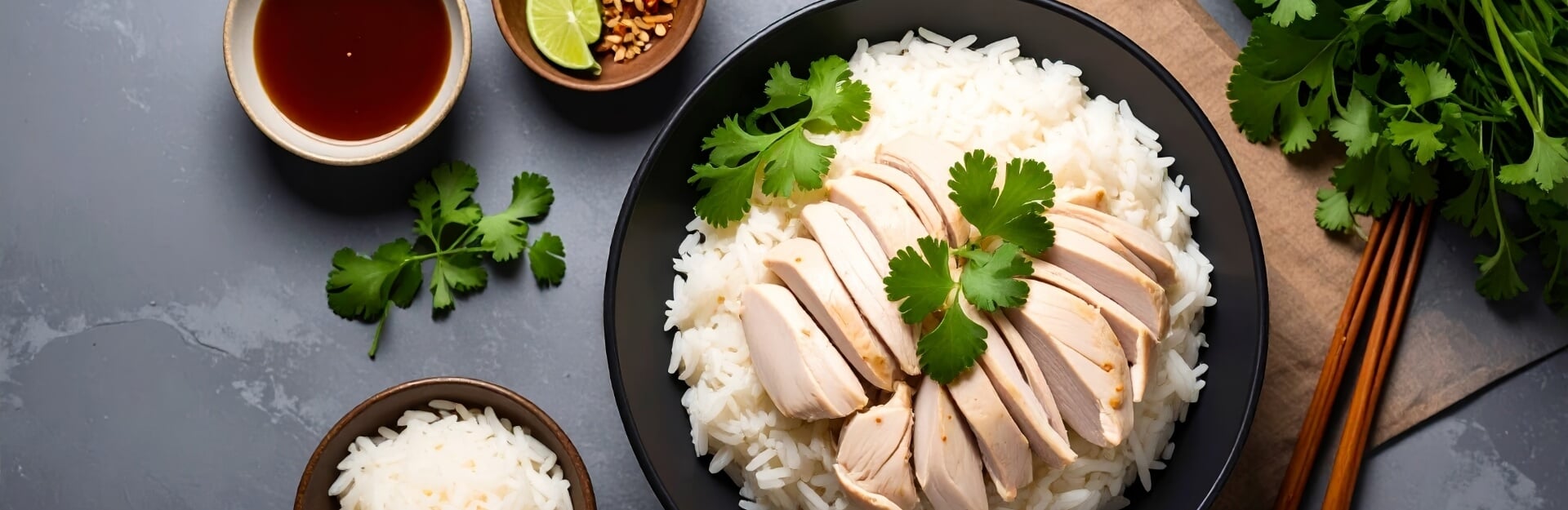 A bowl of sliced Hainanese chicken on rice, garnished with cilantro, accompanied by sauces, lime, and chili flakes.