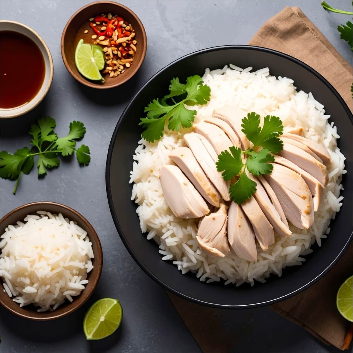 A bowl of sliced chicken on rice, garnished with cilantro, accompanied by lime, chili, and a small bowl of rice.