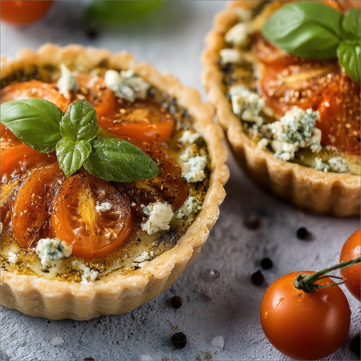 Two mini feta quiches topped with cherry tomatoes and basil, surrounded by fresh cherry tomatoes on a textured surface.