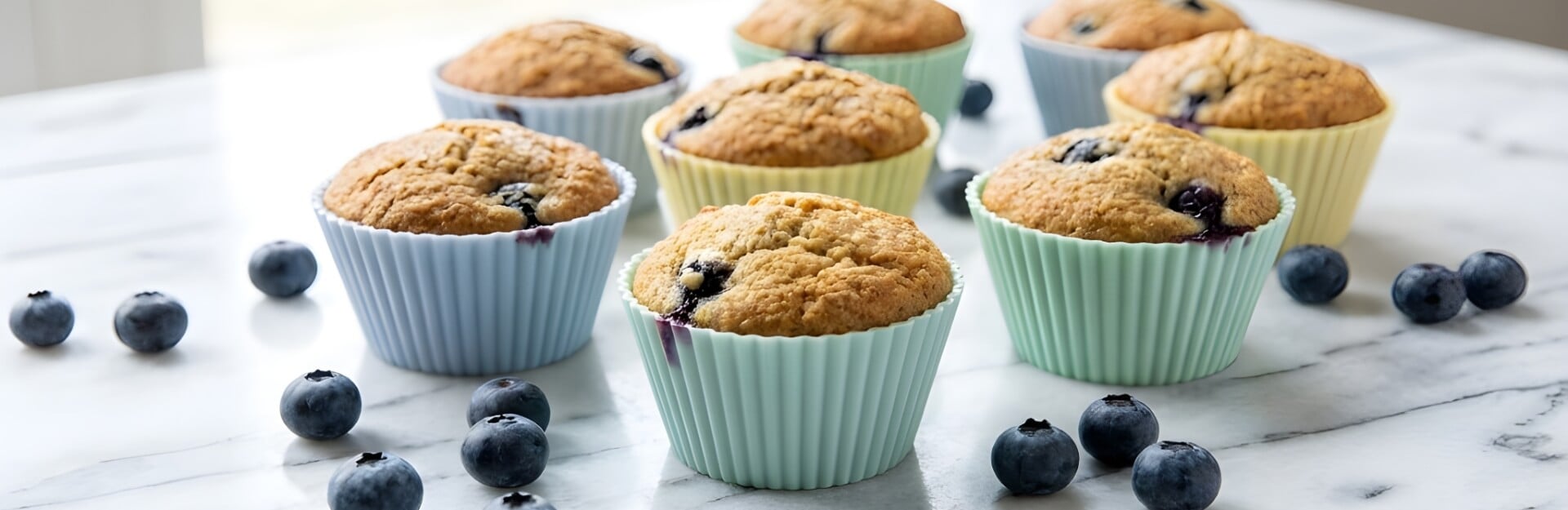 Colorful muffins in silicone cups with blueberries scattered on a marble surface.