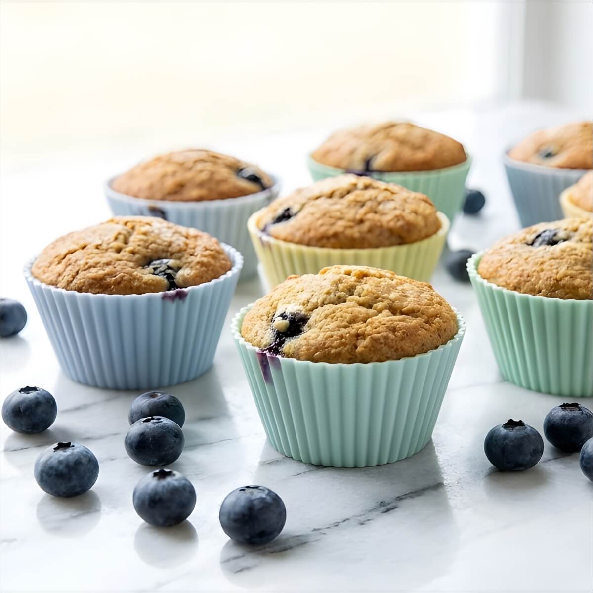 Several protein muffins in pastel silicone cups are arranged on a marble surface, surrounded by fresh blueberries.