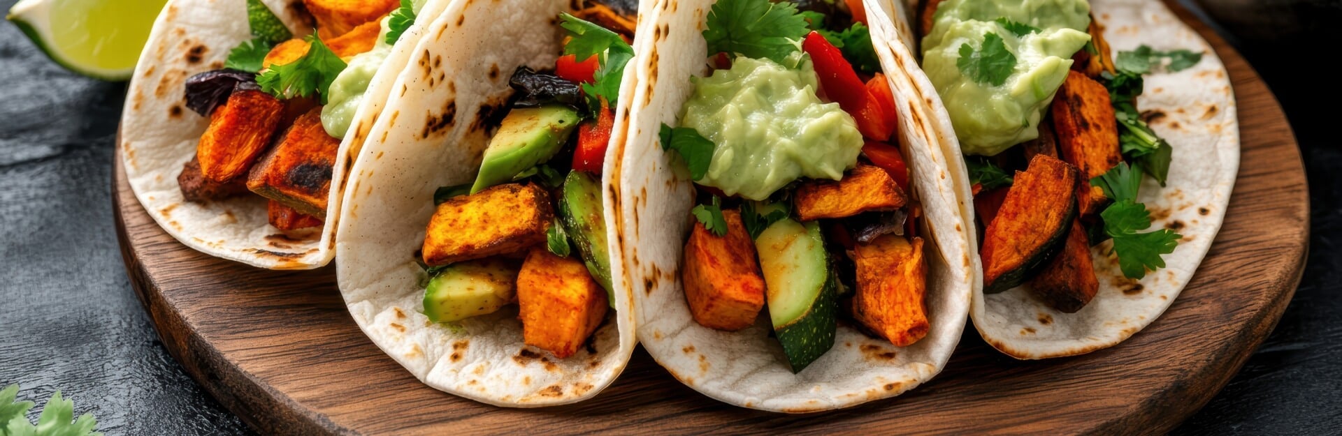 Three vegetarian tacos filled with roasted sweet potatoes, zucchini, red peppers, cilantro, and guacamole on a wooden plate.