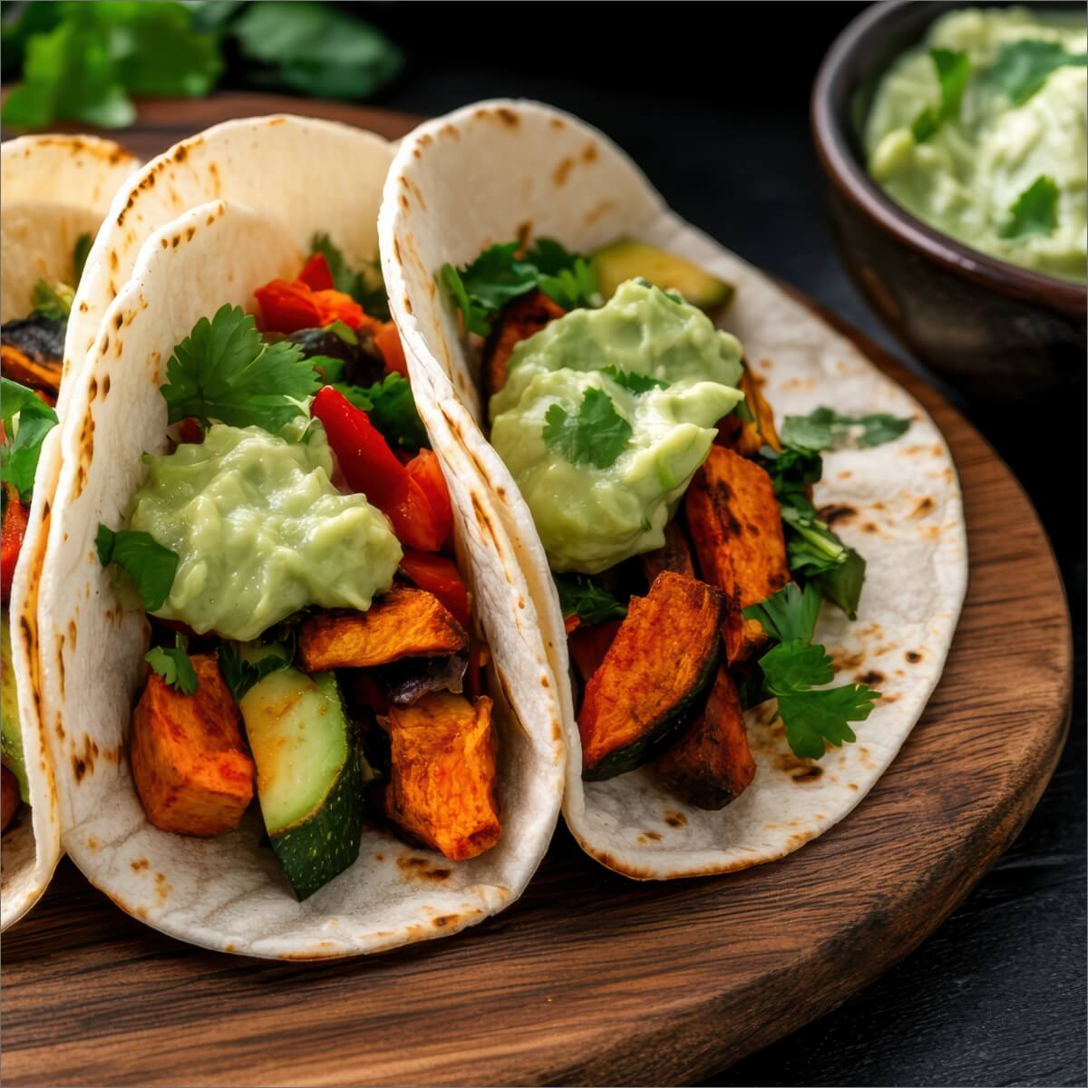 Three vegetarian tacos filled with roasted vegetables, topped with guacamole and cilantro on a wooden platter.