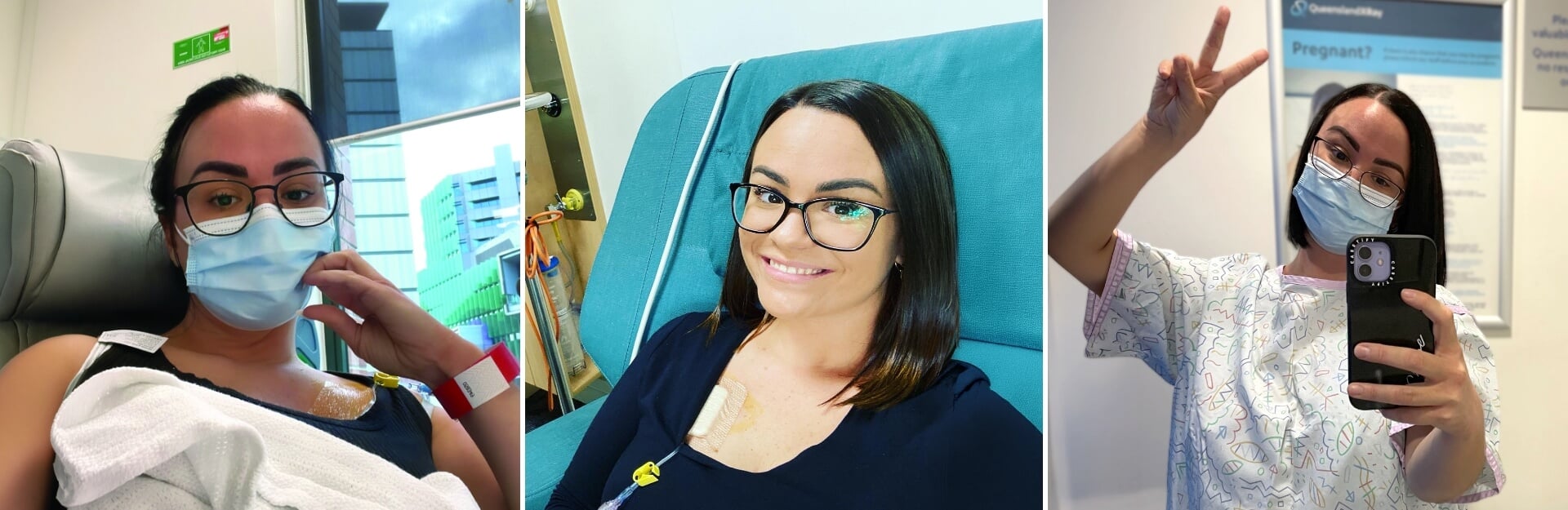 A woman in a medical setting wearing a mask, sitting in a chair with IV, and taking a selfie in a hospital gown.