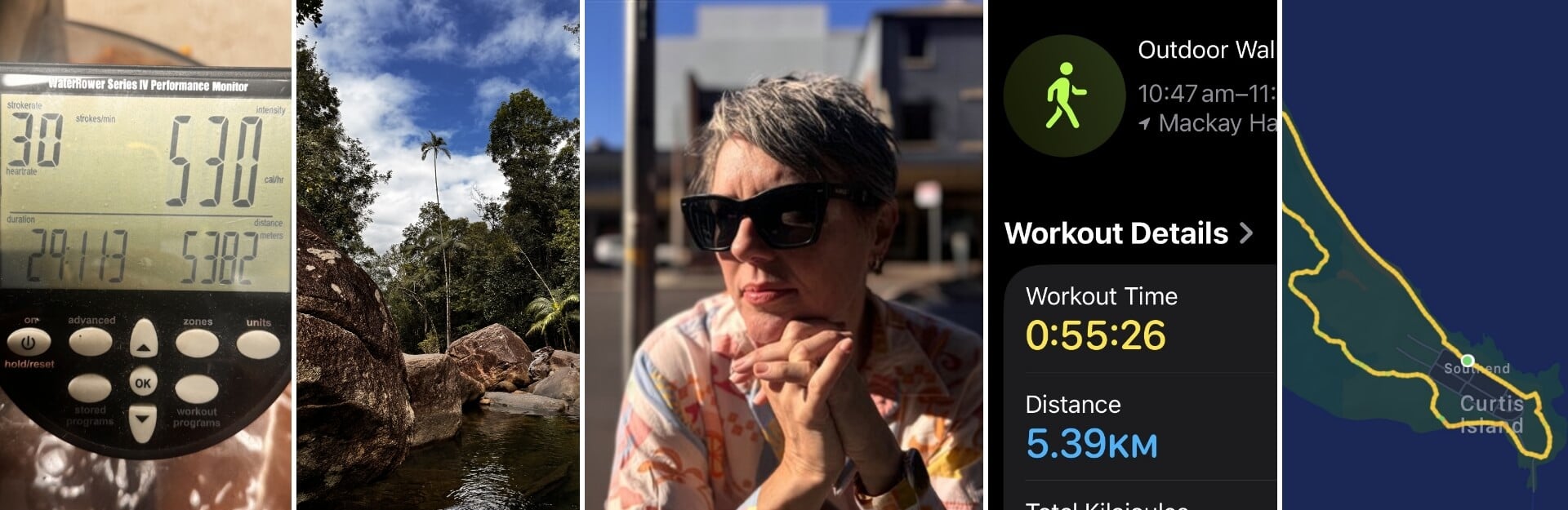 A performance monitor showing workout stats, a scenic view of trees and rocks, a woman in sunglasses, and a workout summary.