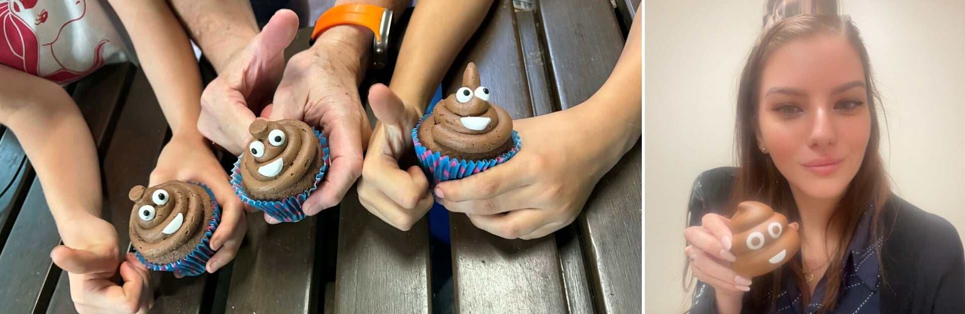 Hands holding cupcakes decorated to look like smiling poop emojis, with one person posing with a cupcake.