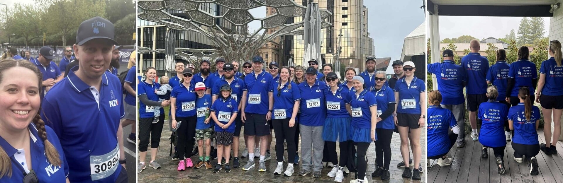 Group of participants in blue shirts at a running event, posing together in three different locations.