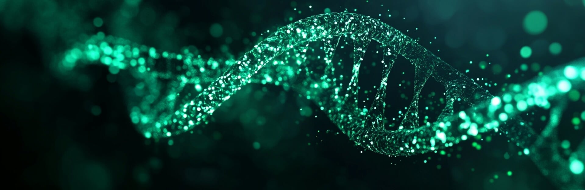 A close-up of a glowing green DNA double helix against a dark background with scattered light particles.