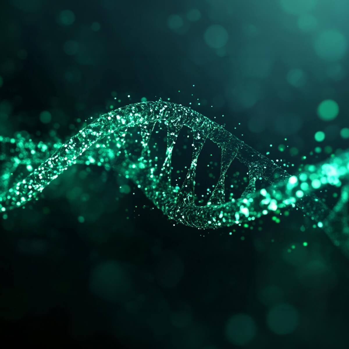 A glowing, abstract representation of a DNA double helix with a dark background and particles.