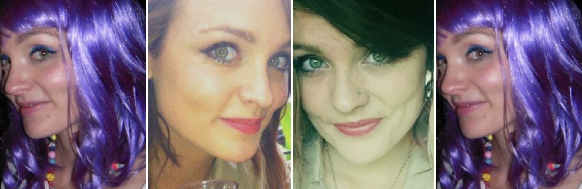 Four photos of a young woman with varying hairstyles and makeup, including purple hair and vibrant eye makeup.