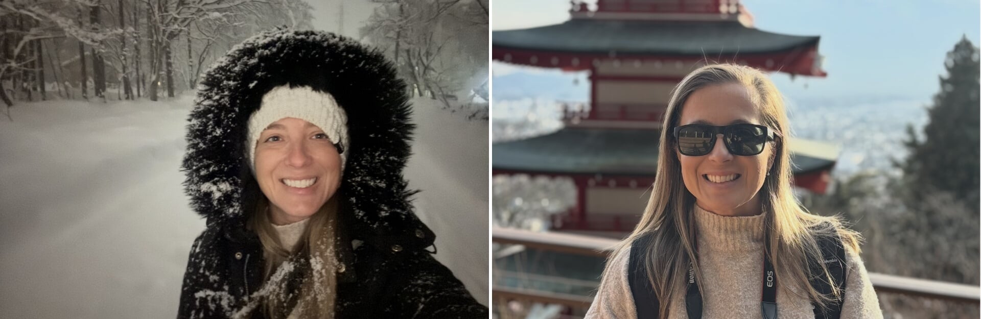 A woman smiling in a snowy forest on the left and in front of a pagoda in sunlight on the right.