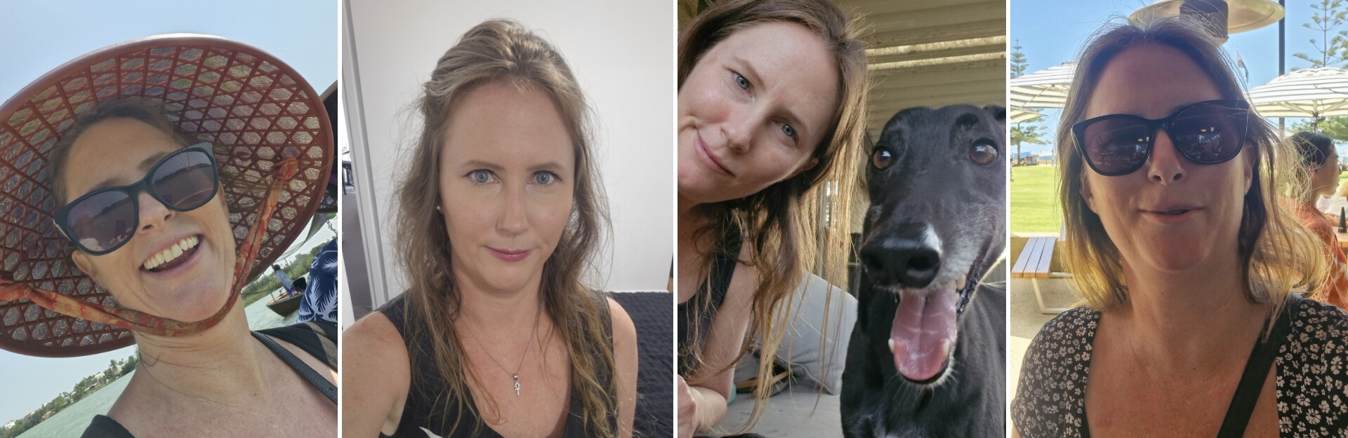 A collage of four photos showing a woman smiling in various settings, including outdoors with a hat and sunglasses, and with a dog.