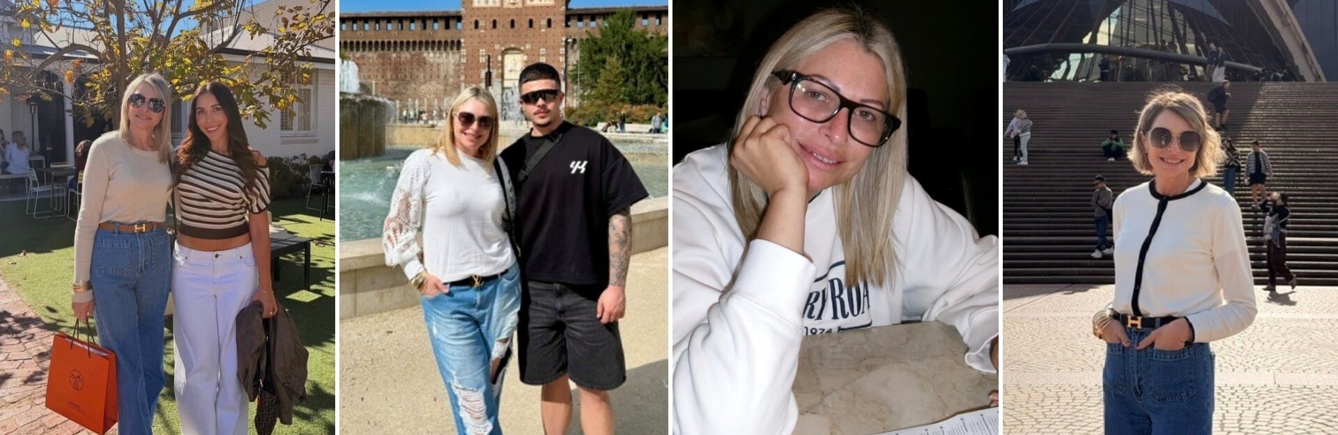 Four images of a woman with blonde hair in various settings, featuring friends and notable landmarks.