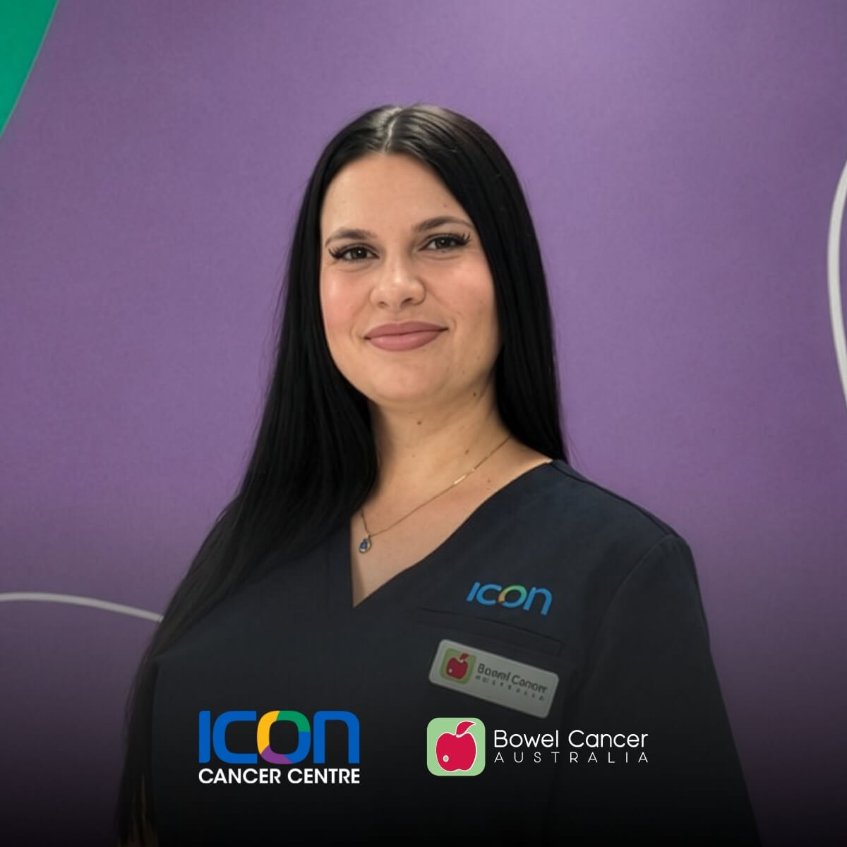 A woman with long black hair smiles, wearing a dark uniform with "ICON" and a name badge, against a purple background.