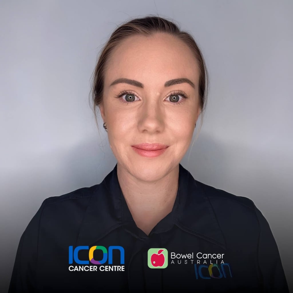 A woman in a dark shirt smiles at the camera, with logos for Icon Cancer Centre and Bowel Cancer Australia below.