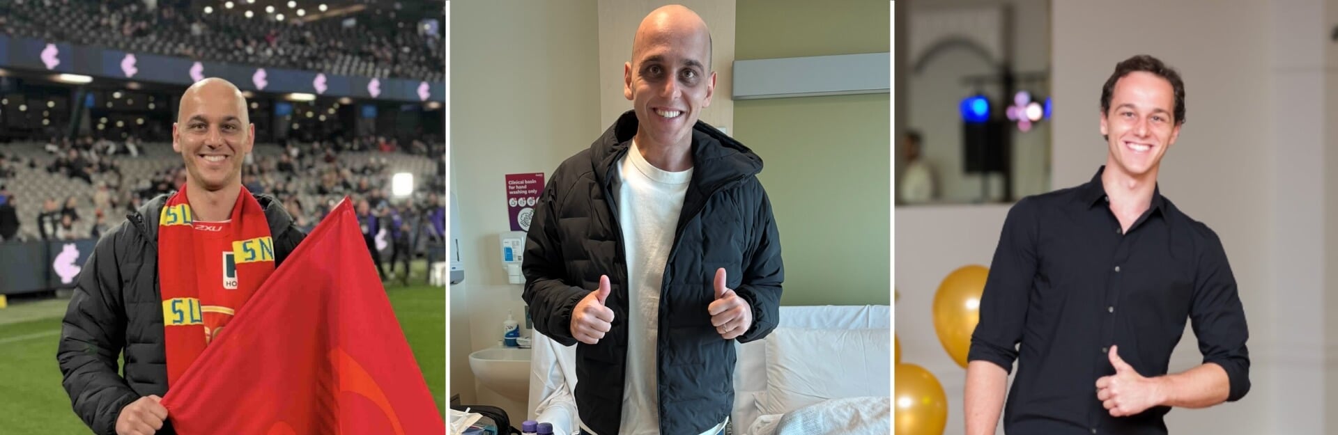 Three images of a bald man in different settings: at a sports event with a flag, in a hospital, and at a celebration.