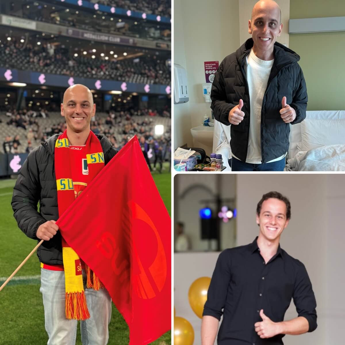 Three images of a smiling man: at a sports event with a flag, in a hospital setting, and dressed up at a celebration.