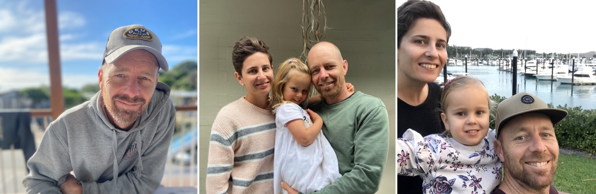 Three photos of a man and his family, including children, enjoying time together outdoors.