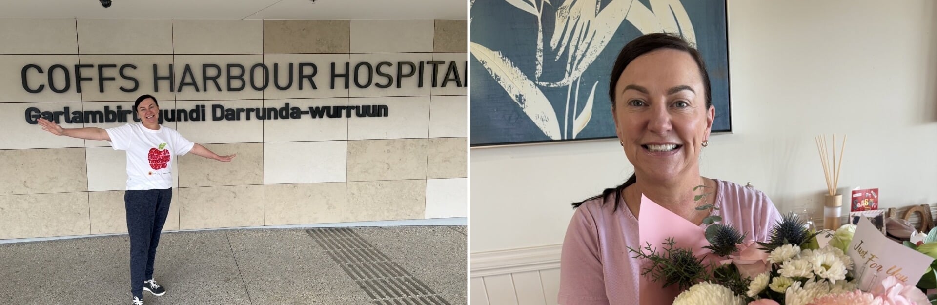 A woman in a white t-shirt poses joyfully in front of Coffs Harbour Hospital, holding a bouquet of flowers indoors.