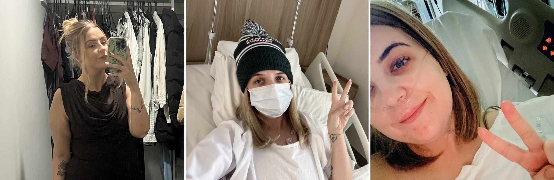 A collage of three images: a woman taking a selfie, a woman in a hospital bed with a mask, and a close-up smiling selfie.