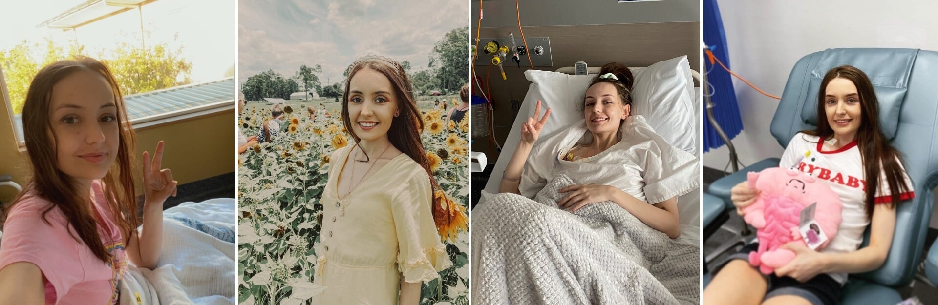 A collage of four images: a girl in a hospital, a sunflower field, and two hospital settings, showing her resilience.