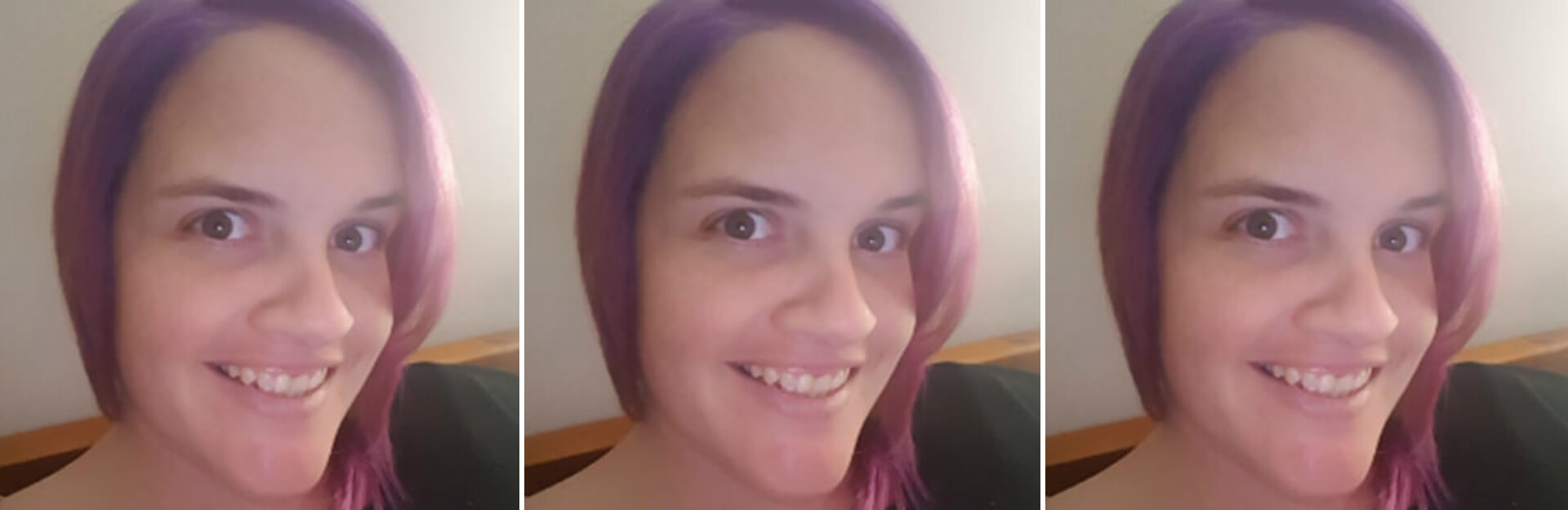 A collage of three close-up selfies of a woman with purple hair, smiling against a light background.