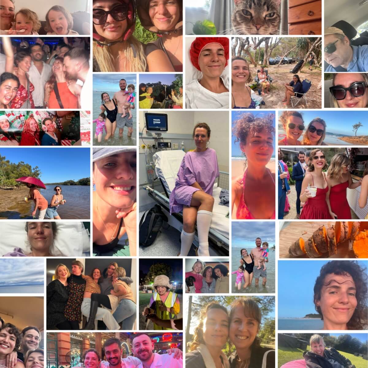 A collage of photos featuring people celebrating, relaxing, and moments of joy, including beach outings and hospital visits.
