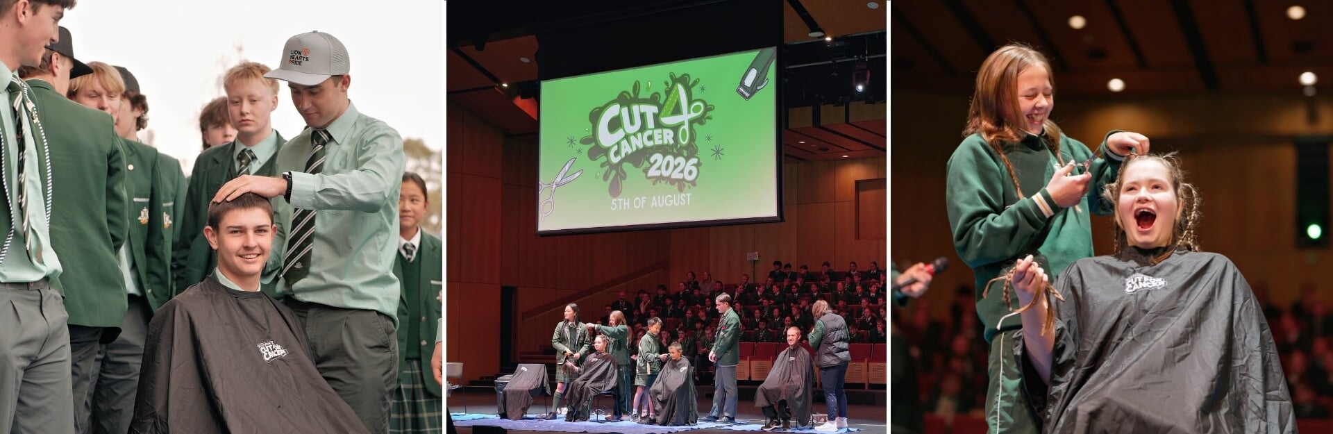 Students participate in a charity event, getting haircuts on stage with a "Cut 4 Cancer" banner in the background.
