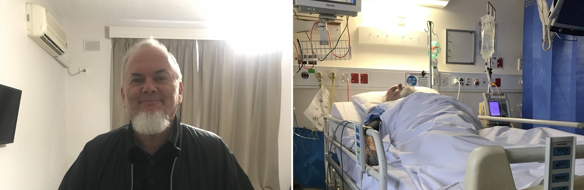 A smiling man stands in a room beside a hospital bed with an elderly man lying under a blanket, connected to medical equipment.
